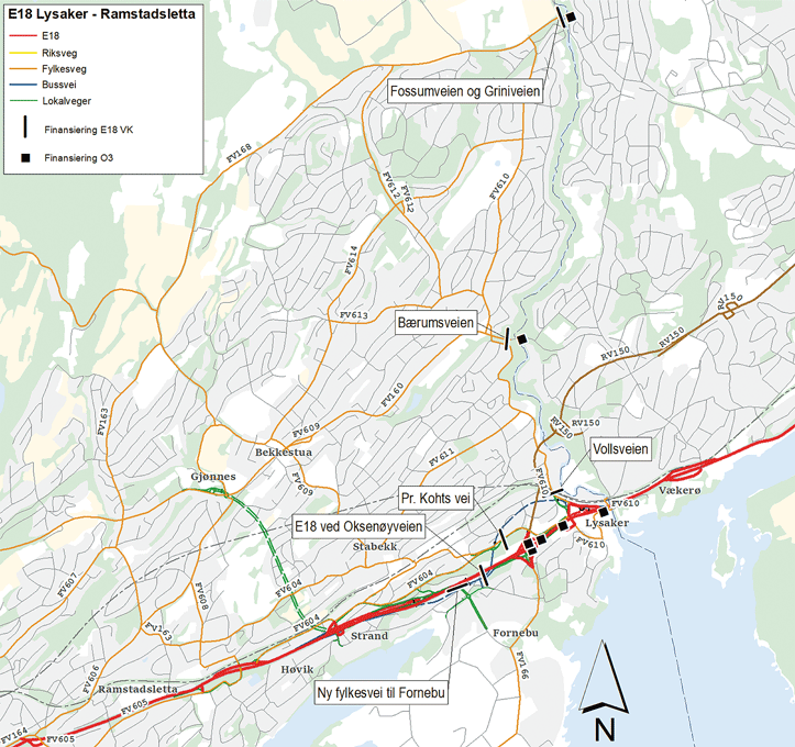 Figur 5.1 Plassering av bomstasjoner for E18 Lysaker – Ramstadsletta og eksisterende bomstasjoner for Oslopakke 3 på kommunegrensen mellom Oslo og Bærum. Andre forutsetninger for finansieringsplanen
