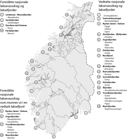 Figur 1.1 Vedtatte og foreslåtte laksevassdrag og laksefjorder
 i Sør-Norge