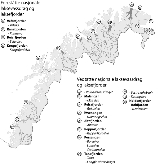 Figur 1.2 Vedtatte og foreslåtte laksevassdrag og laksefjorder
 i Nord-Norge