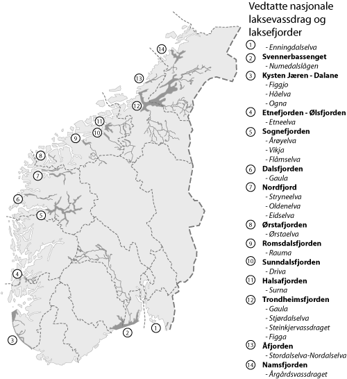 Figur 4.1 Vedtatte nasjonale laksvassdrag og laksefjorder i Sør-Norge