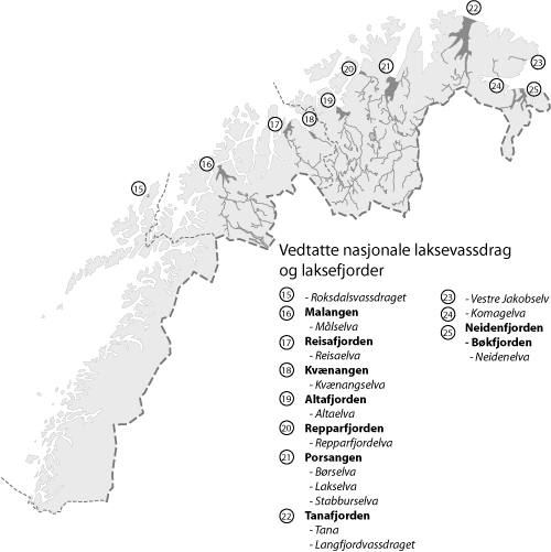 Figur 4.2 Vedtatte nasjonale laksvassdrag og laksefjorder i Nord- Norge