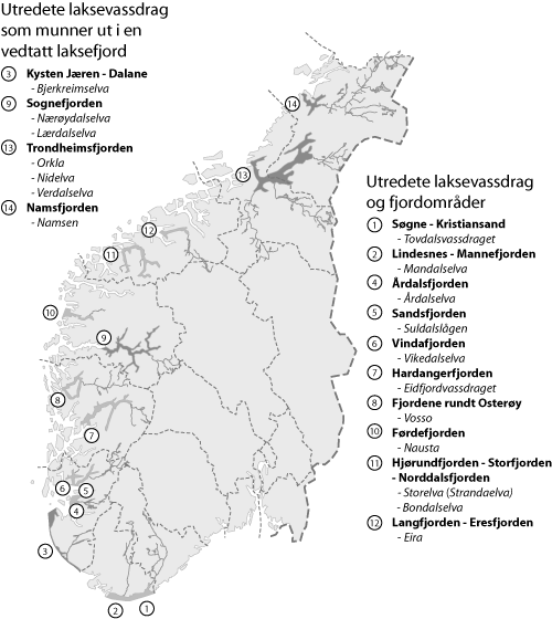 Figur 5.1 Utredete laksevassdrag og fjordområder i Sør-Norge.
