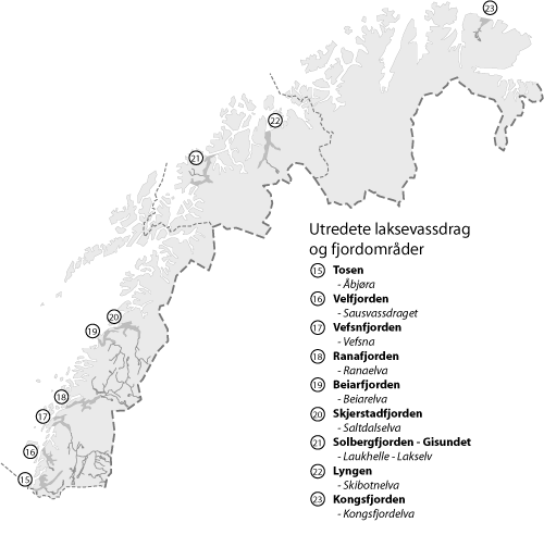 Figur 5.2 Utredete laksevassdrag og fjordområder i Nord-Norge.