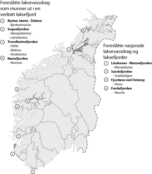 Figur 7.1 Forslag til nye nasjonale laksevassdrag og laksefjorder i Sør
 Norge