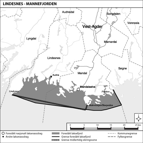 Figur 1.1 Kart over utredet området og foreslått laksefjord:
 Lindesnes- Mannefjorden