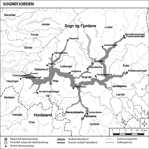 Figur 1.10 Kart over Sognefjorden med vedtatte og foreslåtte
 laksevassdrag