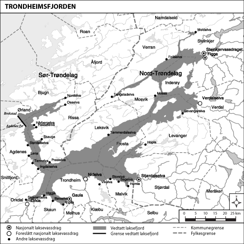 Figur 1.11 Kart over Trondheimsfjorden med vedtatte og foreslåtte
 laksevassdrag