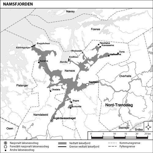 Figur 1.12 Kart over Namsfjorden med vedtatte og foreslåtte laksevassdrag