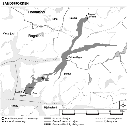 Figur 1.2 Kart over utredet område og foreslått laksefjord:
 Sandsfjorden