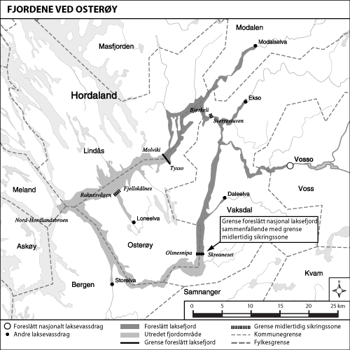 Figur 1.3 Kart over utredet område og foreslått laksefjord:
 Fjordene ved Osterøy
