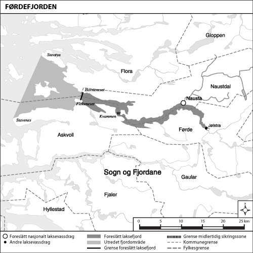 Figur 1.4 Kart over utredet område og foreslått laksefjord:
 Førdefjorden