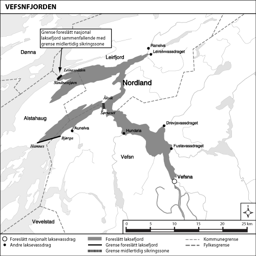 Figur 1.5 Kart over utredet område og foreslått laksefjord:
 Vefsnfjorden