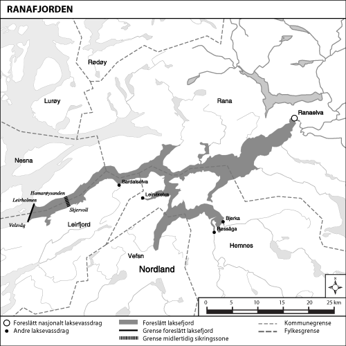 Figur 1.6 Kart over utredet område og foreslått laksefjord:
 Ranafjorden