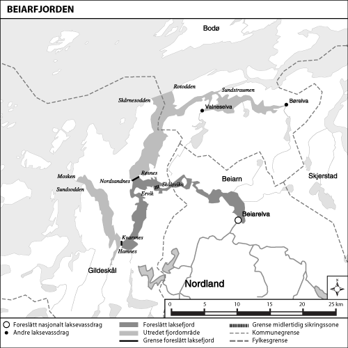 Figur 1.7 Kart over utredet område og foreslått laksefjord:
 Beiarfjorden