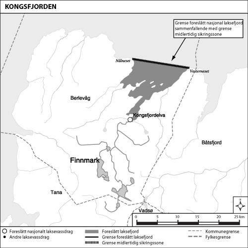 Figur 1.8 Kart over utredet område og foreslått laksefjord:
 Kongsfjorden