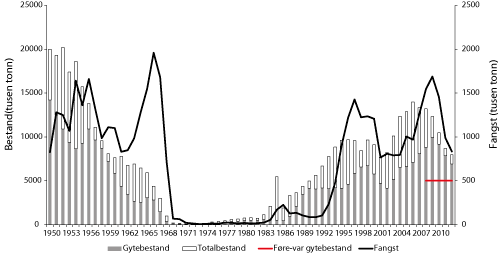 Figur 4.9 Utviklinga av bestand og fangst av nvg-sild 1950 – 2012. Bestandsstorleiken i 2012 er usikker sidan dette er ein prognose med ei vurdering av kor stor fangsten vart i 2011.