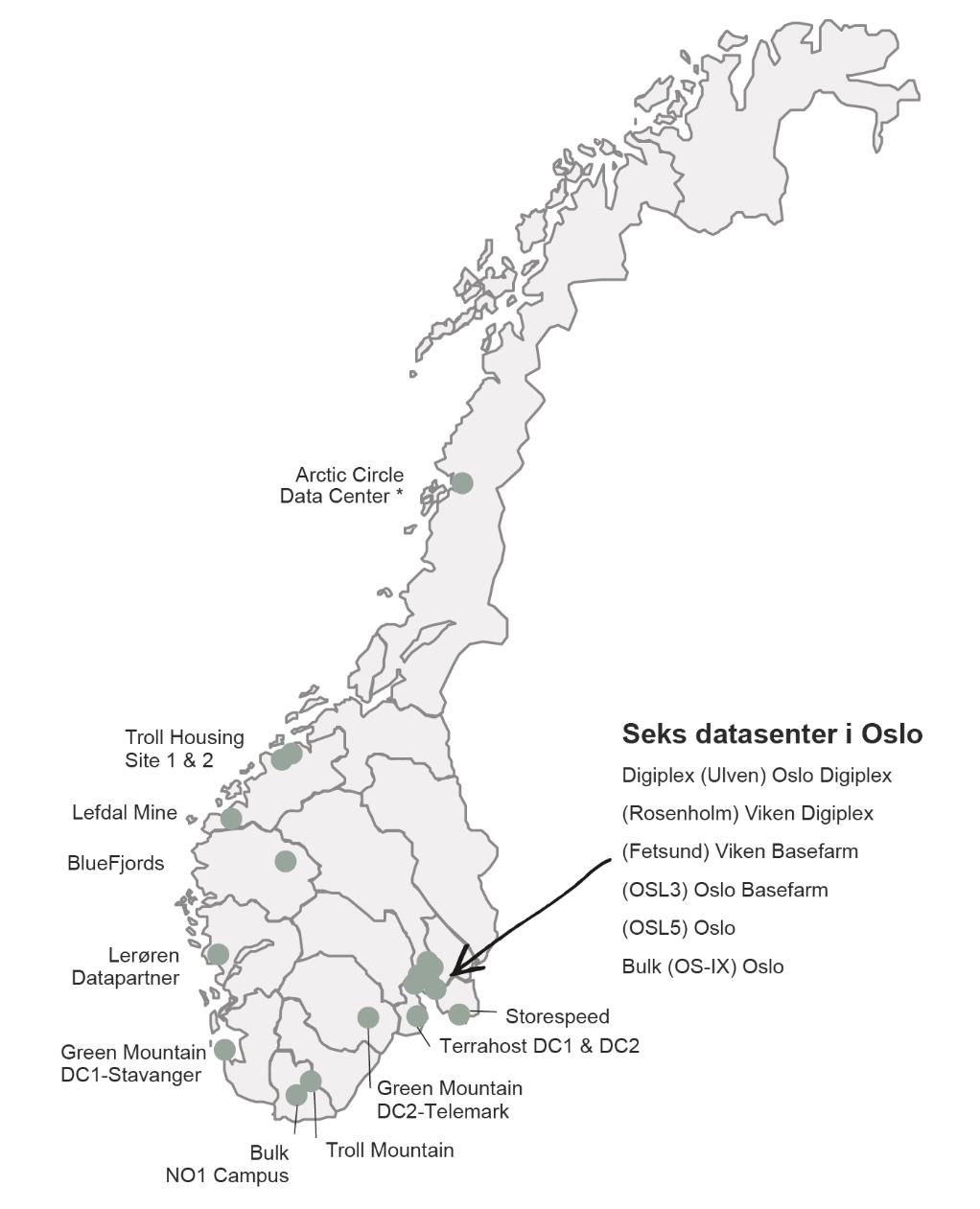 Kart med oversikt norske datasenter