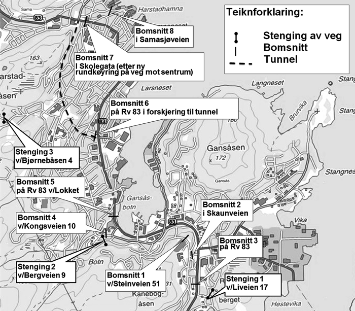 Figur 4.1 Vegpakke Harstad – planlagde bomstasjonsnitt og vegstengingar