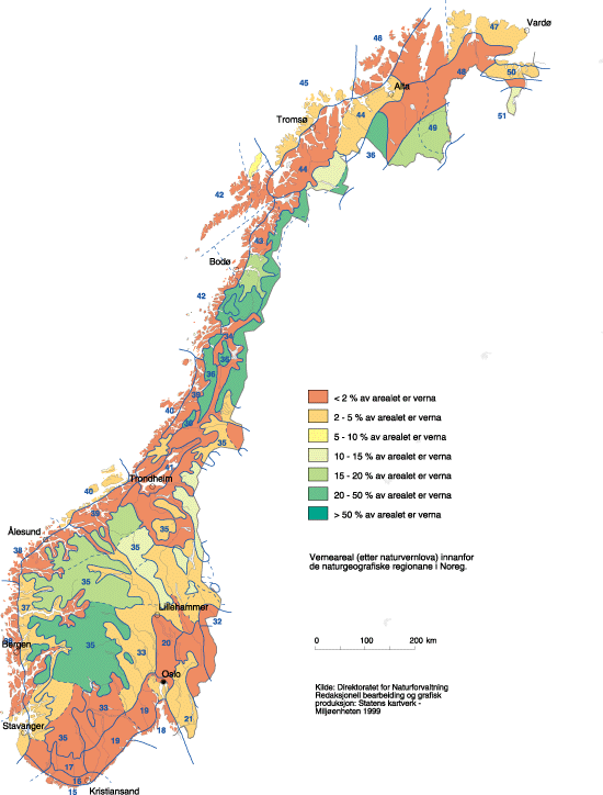 Figur 3.2 Areal verna i medhald av naturvernlova innafor dei naturgeografiske
 regionane i Noreg.