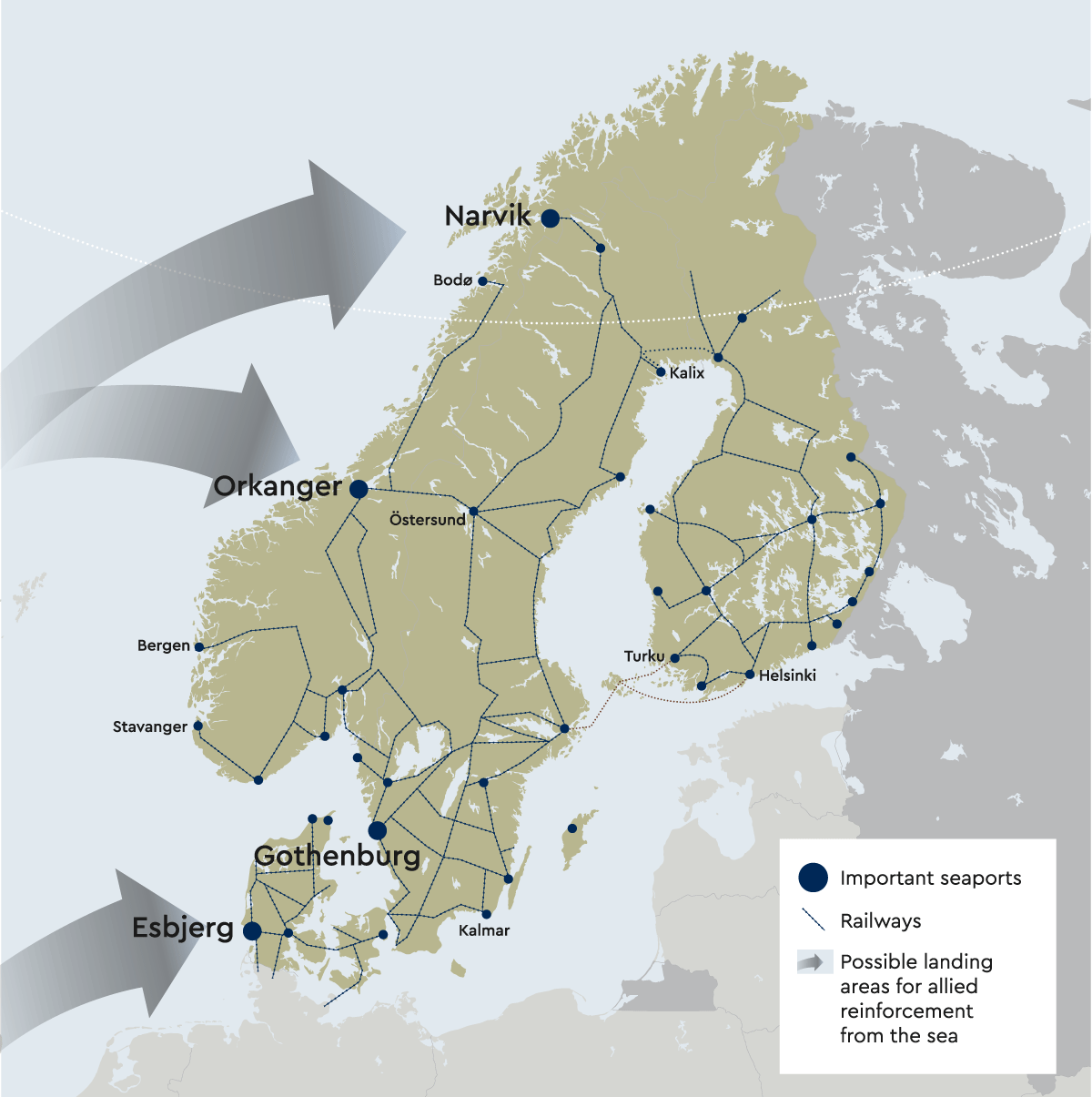 Map showing important seaports, railways, and possible landing areas for allied reinforcement from the sea