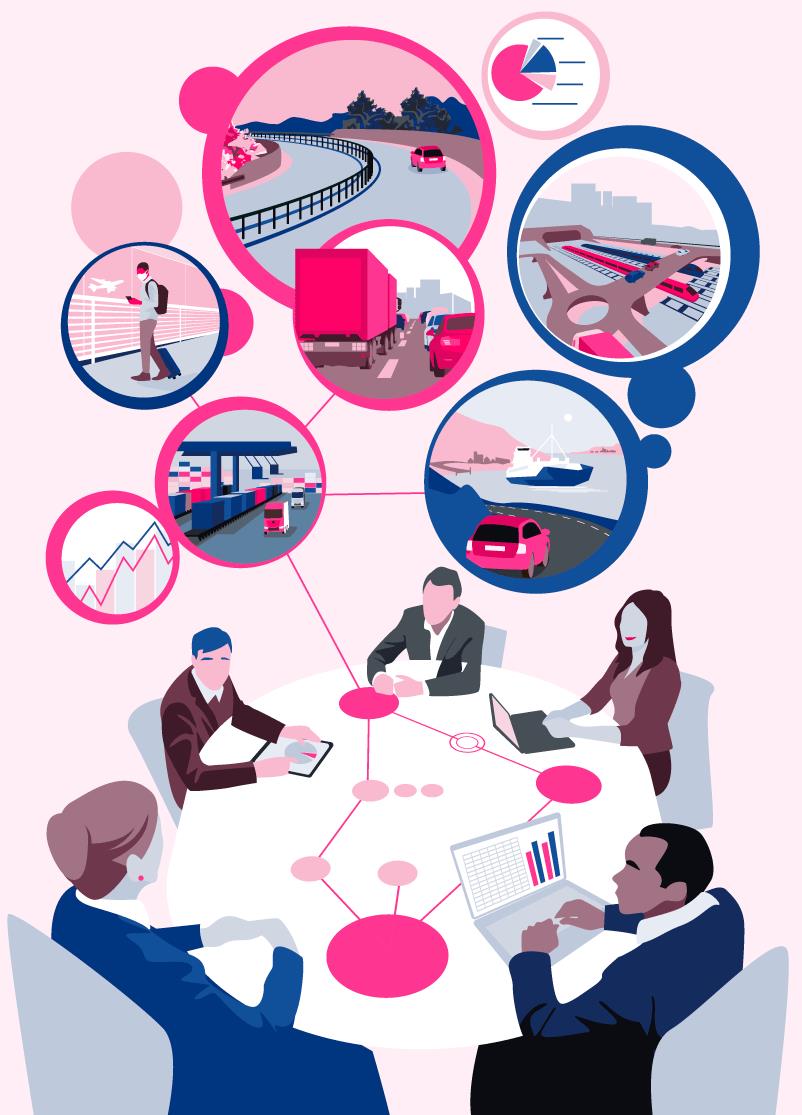 The figure shows five people around a table discussing different transport solutions and  their consequences, which are illustrated in circles above the group of people.