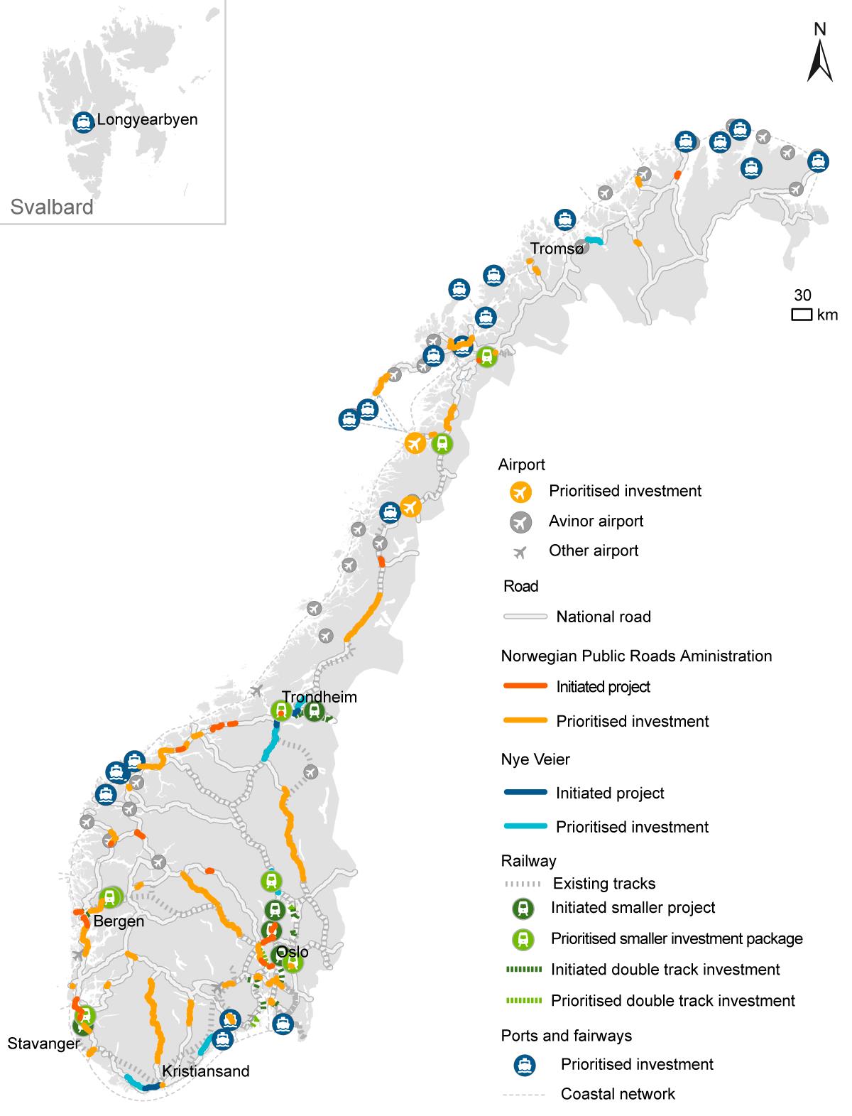 The figure shows a map of Norway where project priorities for the first six years of the  plan are drawn.