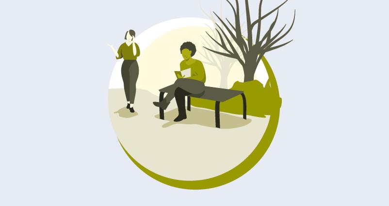 The figure shows a person at a park bench holding a book and another person walking  by while talking in the phone.