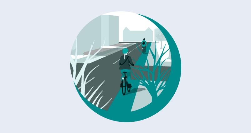 The figure illustrates to cyclists with helmets riding in a bicycle lane in an urban  environment.
