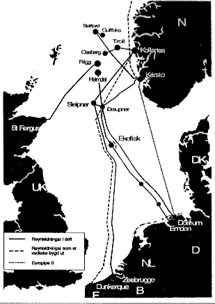 Figur 3.2 Røyrleidningar for naturgass frå norsk kontinentalsokkel