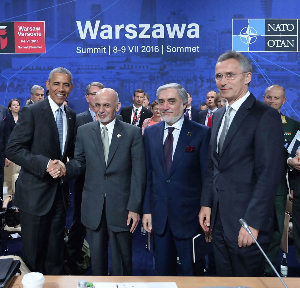 Figur 3.9 President Obama, president Ghani, «statsminister» Abdullah og generalsekretær Stoltenberg på NATO-toppmøtet i Warszawa 9. juli 2016.