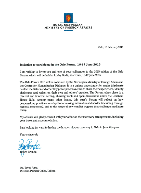 Figur 5.3 Utenriksminister Børge Brende inviterte Tayeb Agha, leder for Talibans politiske kommisjon, til fredsmeklerkonferansen Oslo Forum i 2015.