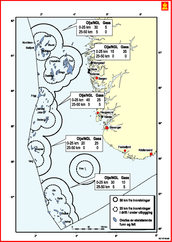 Figur 4.8 Påviste ressurser (mill. m3 o.e.), som forventes bygget ut som satellitter innenfor 25 og 50 km fra eksisterende infrastruktur