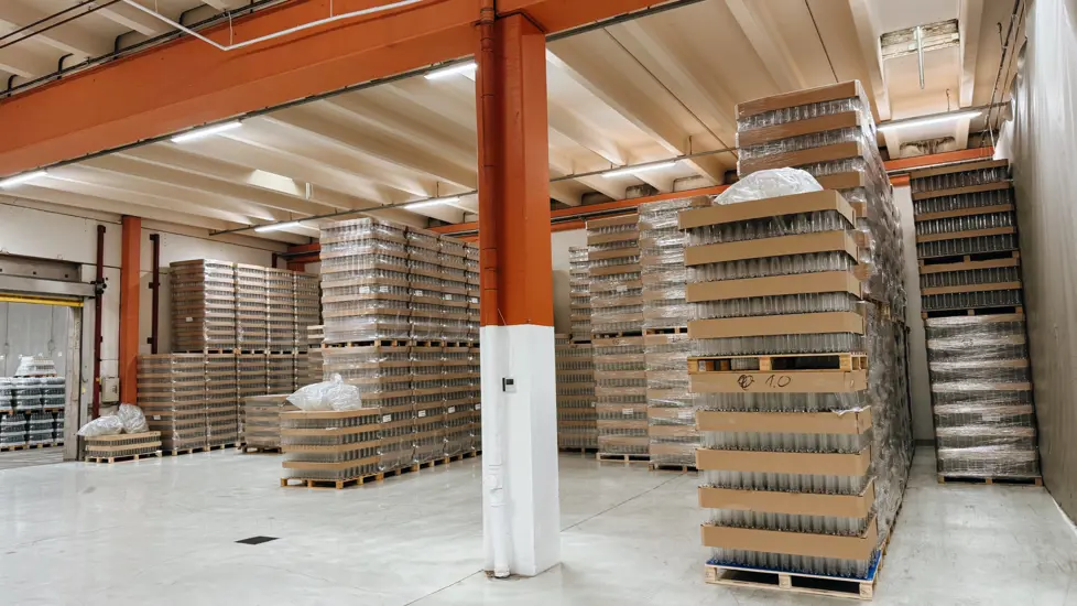 Paller fra gulv til tak med tomme plastflasker på en brusfabrikk