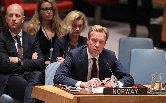 Utenriksminister Børge Brende holder Norges innlegg i Sikkerhetsrådet om Midtøsten. Foto: Devra Berkowitz, FN