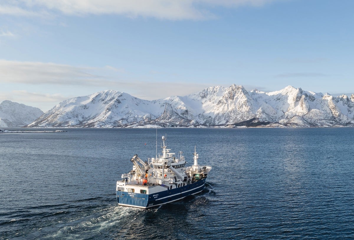 En båt på havet med snøkledde fjell i bakgrunnen.