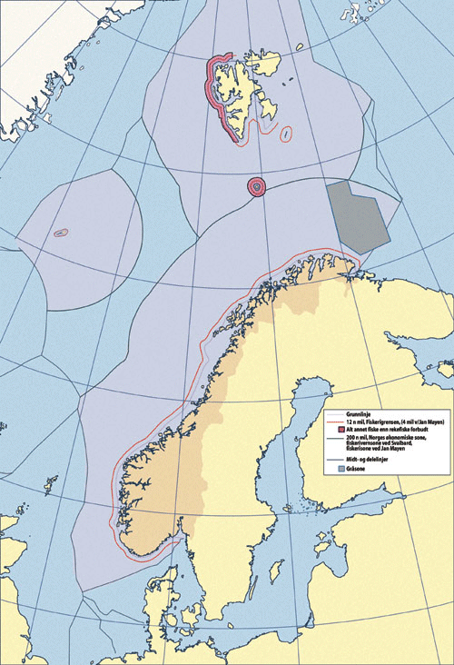 Figur 11.3 Kartet viser sjøterritoriale soner for Norge med Svalbard,
Jan Mayen og Bjørnøya.