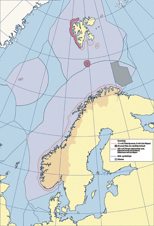 Figur 11.3 Kartet viser sjøterritoriale soner for Norge med Svalbard,
 Jan Mayen og Bjørnøya.