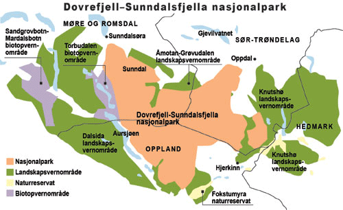 Figur 16.2 Verneområdet Dovrefjell - Sunndalsfjella nasjonalpark
 med landskapsvernområder, biotop-vernområder og
 naturreservater viser en kombinasjon av verneformer som til sammen dekker
 4266 km2.