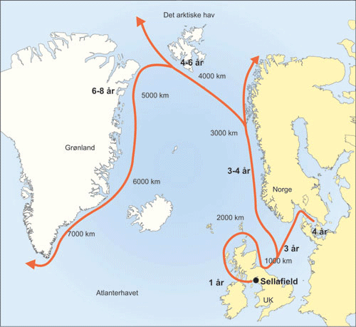 Figur 7.9 Kartet viser hvordan havstrømmene fører med
seg radioaktiv forurensning, i dette tilfellet cesium fra Sellafield.
Kartet viser også transporttiden. Radioaktive utslipp fra
Sellafield er nå betydelig redusert.