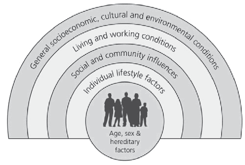 Figur 4.1 Påvirkningsfaktorer for helse (Dahlgren, G., Whitehead, M. (1991). Policies and strategies to promote social equity in health. Stockholm: Institute of Futures Studies)