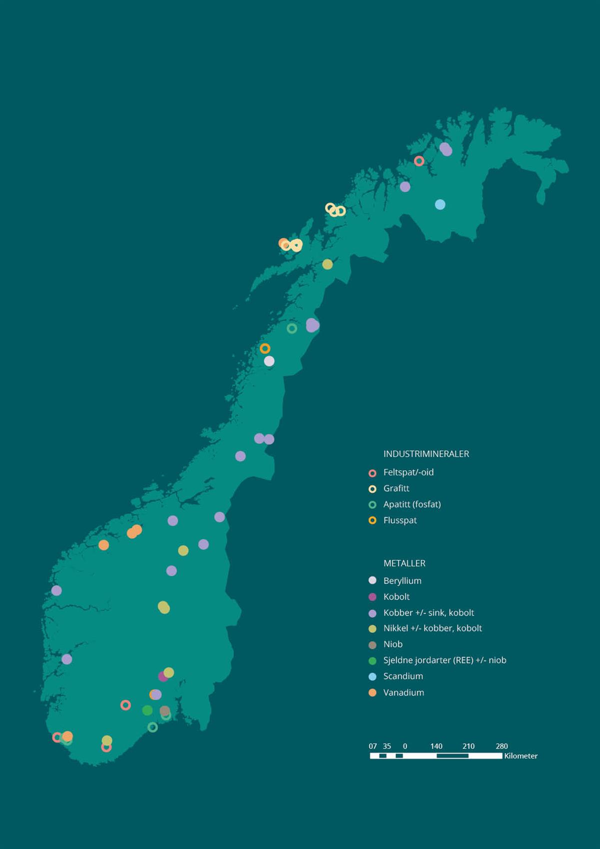 Figur 3.4. viser hvor i Norge det finnes viktige forekomster av kritiske metaller og industrimineraler.