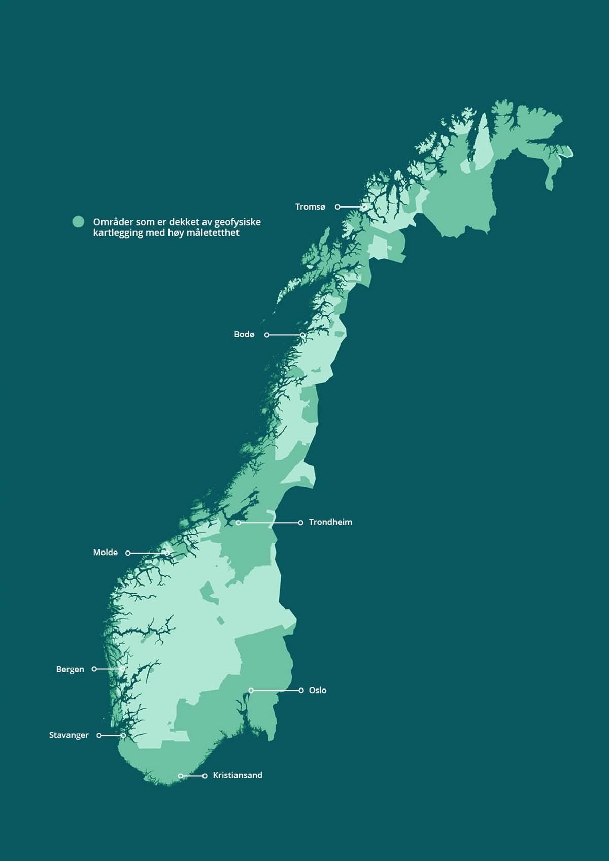 Figur 3.5. viser hvor Norges geologiske undersøkelse har samlet inn moderne geofysiske data fra fly og helikopter. Geofysiske data omfatter bakkens magnetiske og elektromagnetiske egenskaper og den naturlige radioaktive strålingen.