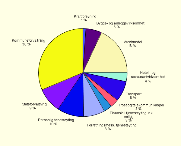 Figur 2.5 Sysselsetting i tjenesteytende sektor, fordelt på bransjer
 1997