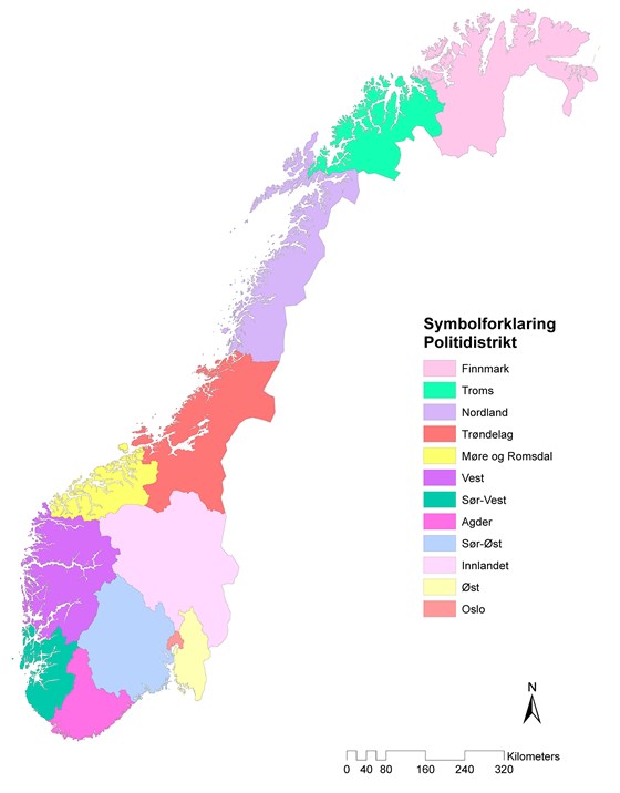 Norgeskart med nye politidistrikt