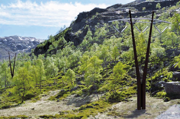 Figur 6.11 Modalen – Mongstad.  Visualisering av landskapstilpassede master som mulig avbøtende tiltak 