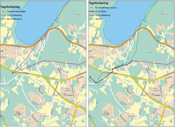 Figur 6.7 Eksempel på traséjustering for å unngå et boligområde. Bildet til venstre viser situasjonen før tiltaket, og bildet til høyre viser løsningen NVE ga konsesjon til 