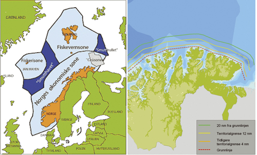Figur 3.1 Havområdene utenfor Norge og kartutsnitt som bl.a.
 viser territorialgrensen målt i nautiske mil. Norges økonomiske
 sone går ut til 200 nautiske mil.