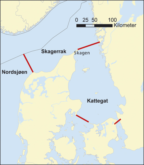 Figur 3.4 Inndelingen av sjøområdet ved Danmark.