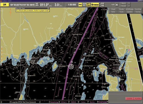 Figur 5.5 Bildet viser et rasterkart over et område i Oslofjorden
 (ved Tofte) i såkalt «nattpalett». Slike
 kart er «scannet» fra offisielle papirkart. Informasjon
 i kartet som kan virke forstyrrende (loddskudd, navn etc.) kan ikke
 fjernes.