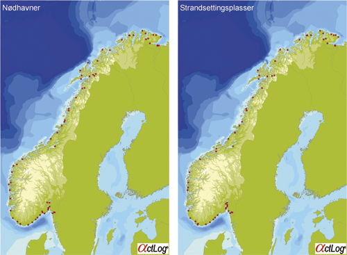 Figur 6.6 Kartene viser kartlagte mulige nødhavner (til venstre)
 og strandsettingsplasser (til høyre) langs norskekysten.